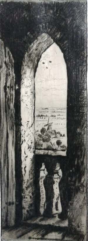 Riekele Prins - Doorkijkje vanuit kerk op landschap met molen verkocht voor € 50!