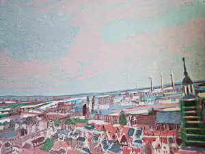 Wendelien Schonfeld - Fraaie handgekleurde houtsnede - 'Zutphen vanaf Walburgiskerk' - E.A. exemplaar vendu pour 185€ !