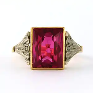 18k bicolor gouden ring bezet met robijn verneuille en roos diamant - rm19.5(61) verkocht voor € 340!