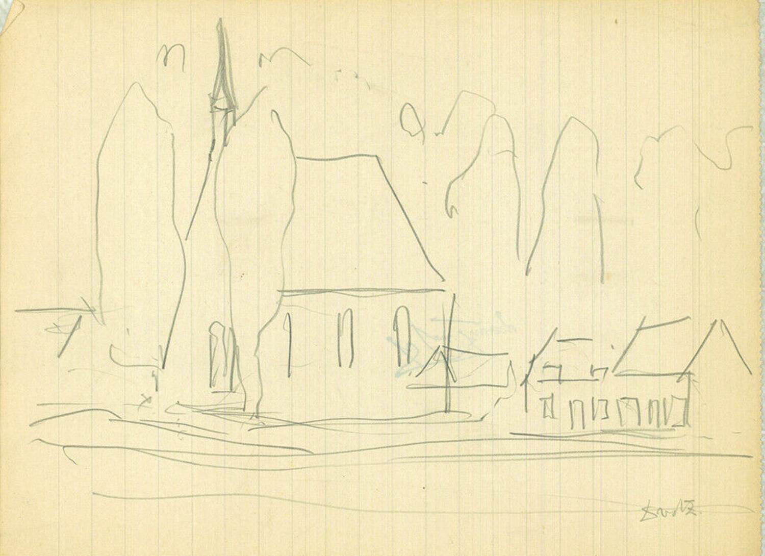 Douwe Jan van der Zweep - Potloodtekening: Dorpsgezicht verkocht voor € 39!