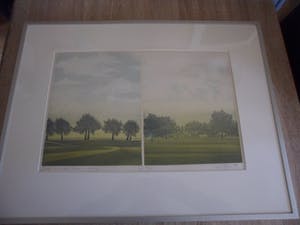 Buy Hans Heijman - Kleuren ets, Bomen aan de dijk/Boerderij in landschap? Bid from 40!