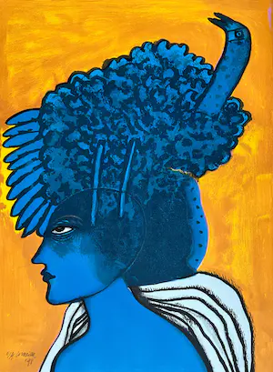 AcheterCorneille - Femme et Oisseau bleu fond jaune? Enchérissez de 325!