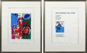 Corneille - en Bert Schierbeek - Zeefdruk en passage uit Een schedel vol stem - Ingelijst verkocht voor € 120!