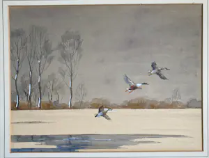 Jo Schrijnder - aquarel - opvliegende eenden in een winterlandschap - gesigneerd kopen? Bied vanaf 55!