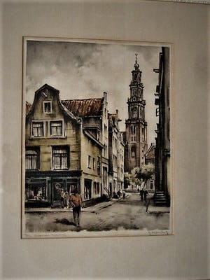 Roger Hebbelinck - Mooie grote handgekleurde Ets "Amsterdam Jordaan Westertoren" mooi gelijst kopen? Bied vanaf 30!
