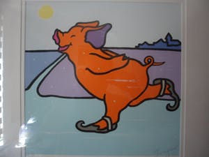 Shunyam - Zeefdruk. Titel: Varkentje aan het schaatsen. kopen? Bied vanaf 60!