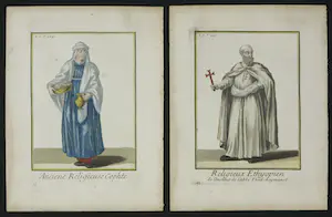 AcheterPierre Helyot - 2 handgekleurde gravures uit: Histoire des Ordres Monastiques, Religieux (...)? Enchérissez de 1!