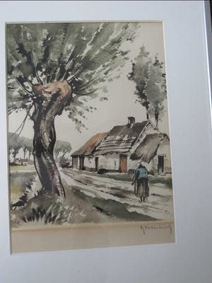 Roger Hebbelinck - dorpstraat met boerderij en wandelende vrouw kopen? Bied vanaf 28!