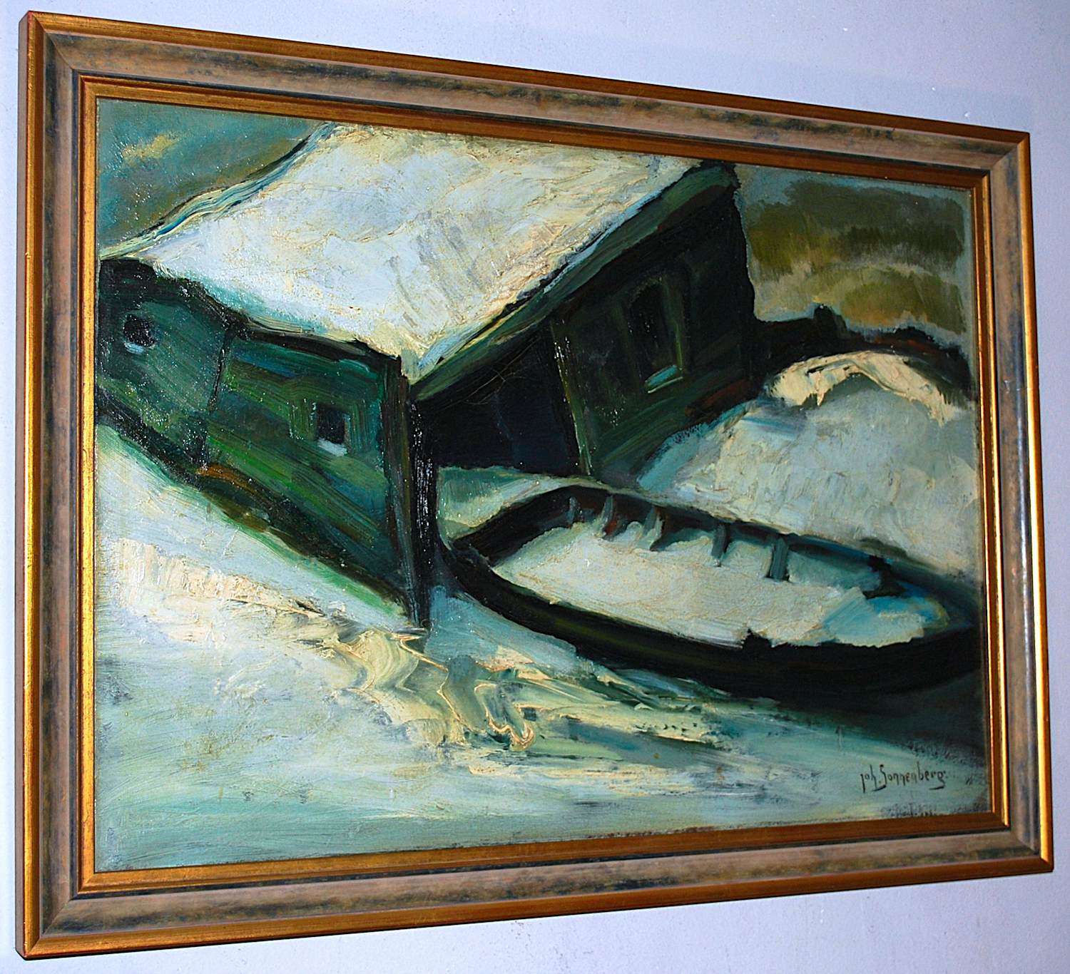 Johan Sonnenberg - botenhuis in de sneeuw - olieverfschilderij uit 1925 kopen? Bied vanaf 295!
