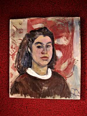 Niet of onleesbaar gesigneerd - Intrigerend in 1954 naïef geschilderd portret van vrouw - gesigneerd verkocht voor € 1!