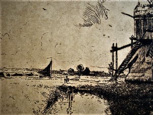 Martin van Waning - Mooie grote Droge Naald Ets - Landschap met molen Schiermonnikoog - gesigneerd kopen? Bied vanaf 39!