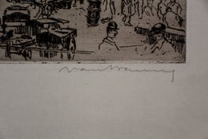 Martin van Waning - ets: Vischmarkt te Rotterdam kopen? Bied vanaf 45!