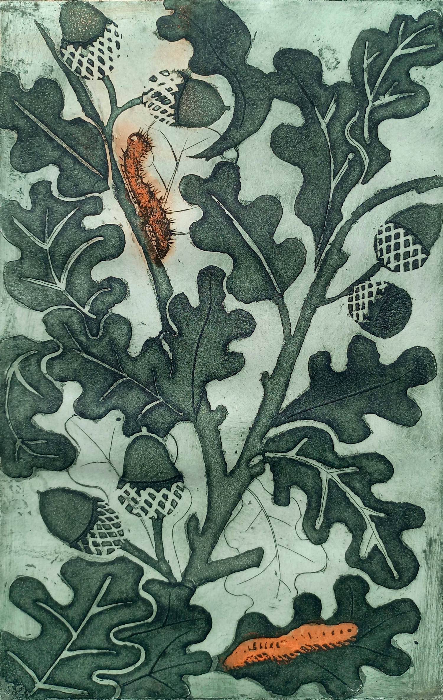 Jeanne Bieruma Oosting - De rupsen, ets met aquatint in zwart, groen en rood verkocht voor € 395!