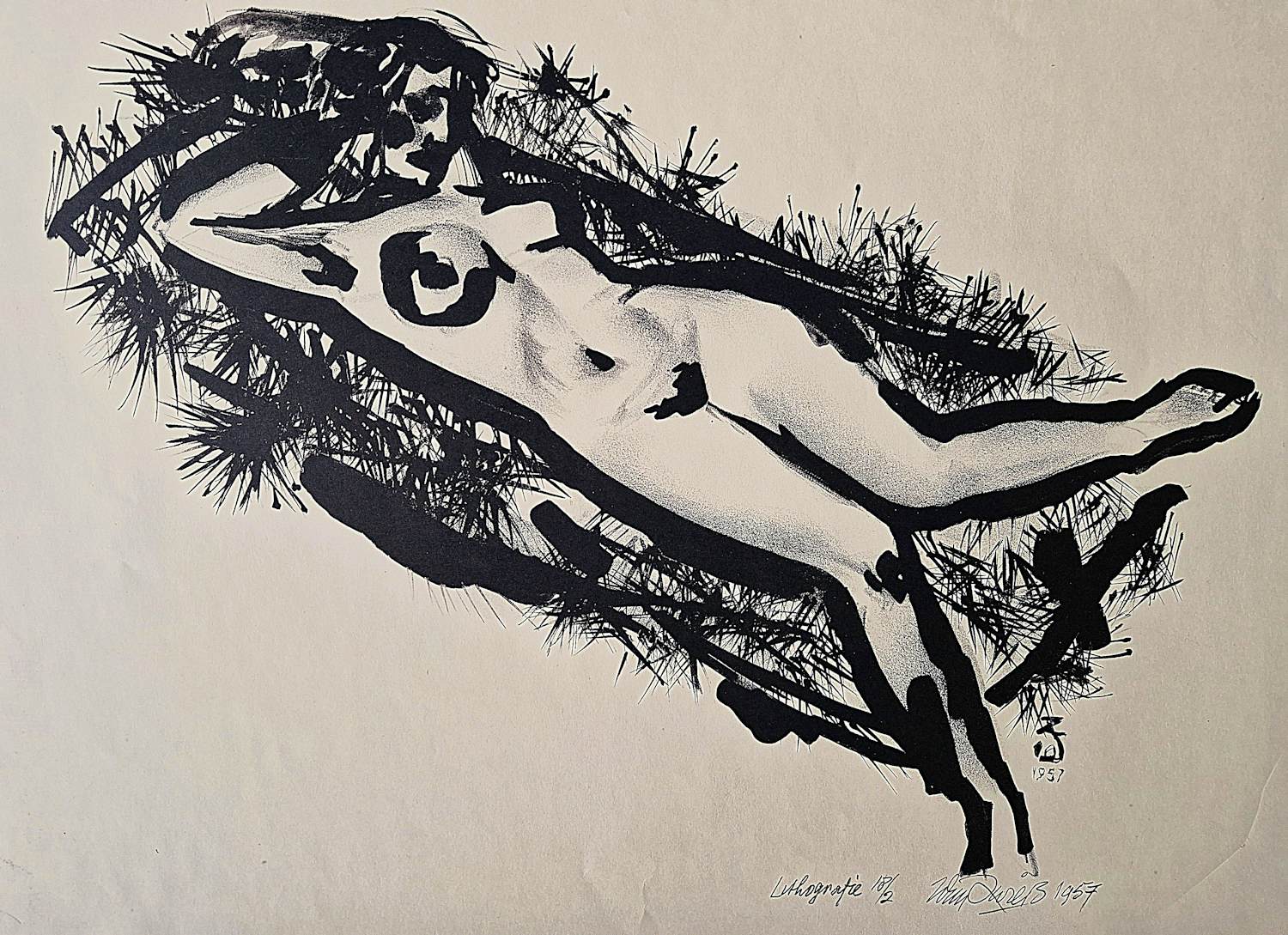 Buy Wim Zwiers - Monochrome lithografie liggend vrouwelijk naakt - zeer kleine oplage - 1957? Bid from 31!
