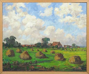 Jan Dekker - Olieverf op hardboard, Gras Oogsten, Ingelijst kopen? Bied vanaf 1!