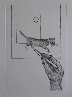 Roger Raveel - KAT IN VIERKANT / ZW-W ETS / 39x27cm / 2010 kopen? Bied vanaf 50!