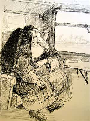 Aat Veldhoen - Karakteristieke Grafiek - 1964 - Rotaprint - Nonnen in de Trein" verkocht voor € 10!