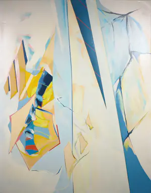 Hanneke Krijgsman-Kop - Acryl op doek, Compositie in geel en blauw - Ingelijst kopen? Bied vanaf 1!