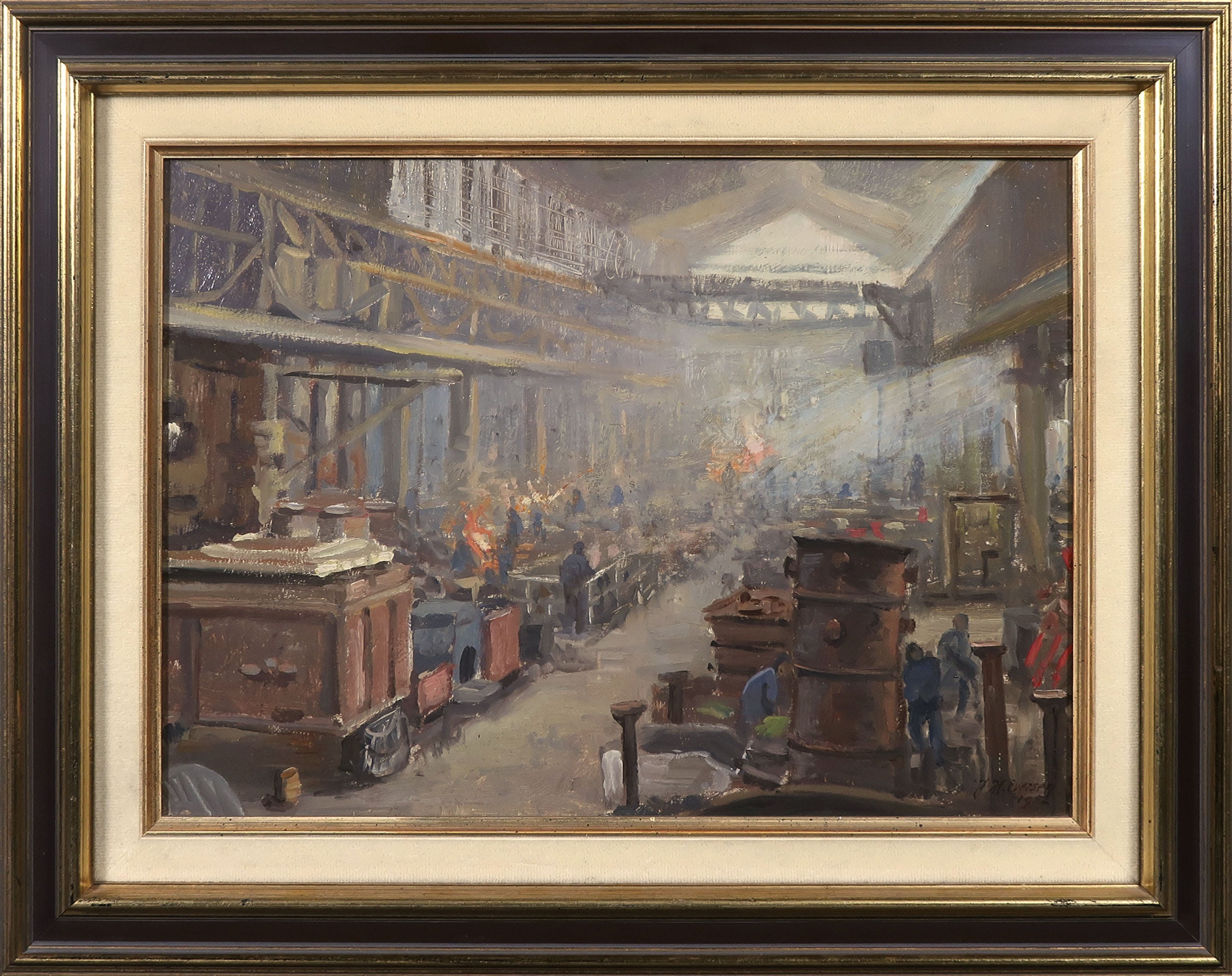 Jan Eversen - Olieverf op paneel, Studie Gieterij Stork Hengelo - Ingelijst verkocht voor € 300!