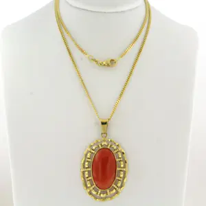 14k geel gouden collier met hanger bezet met koraal -  8.8 gram - 45 cm lang kopen? Bied vanaf 850!