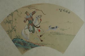 Niet of onleesbaar gesigneerd - Ingelijste gouache op zijde, Japan? China? , Jachttafereel kopen? Bied vanaf 1!