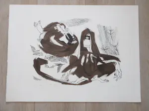 Wim Beuning - Twee Apen - Kleurlitho kopen? Bied vanaf 45!