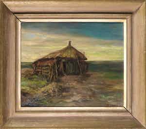 Jo Weijers - Olieverf op doek, Landschap met hut - Ingelijst verkocht voor € 1!