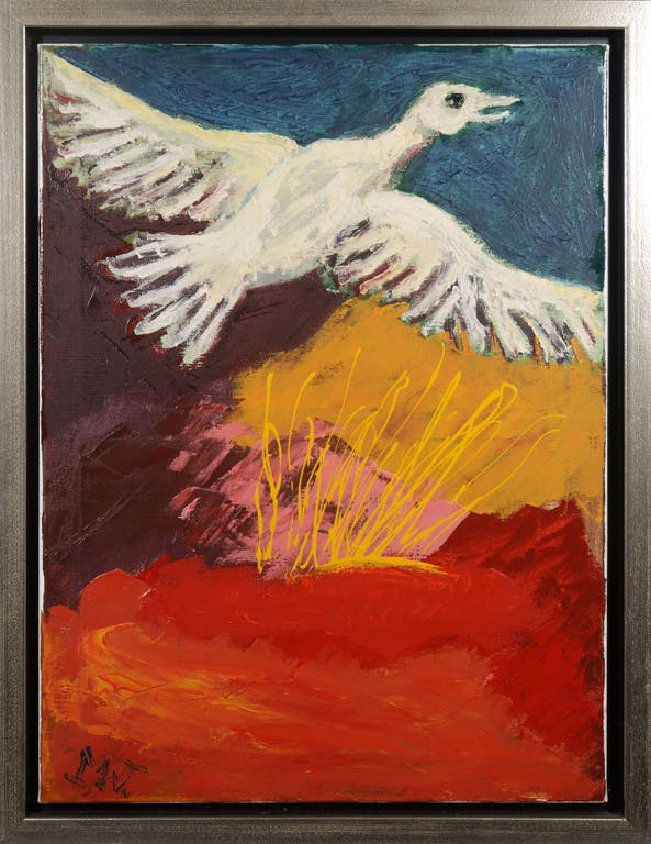 Martin van Wordragen - Martin van Wordragen: Olieverf op doek, Opvliegende vogel - Ingelijst verkocht voor € 325!