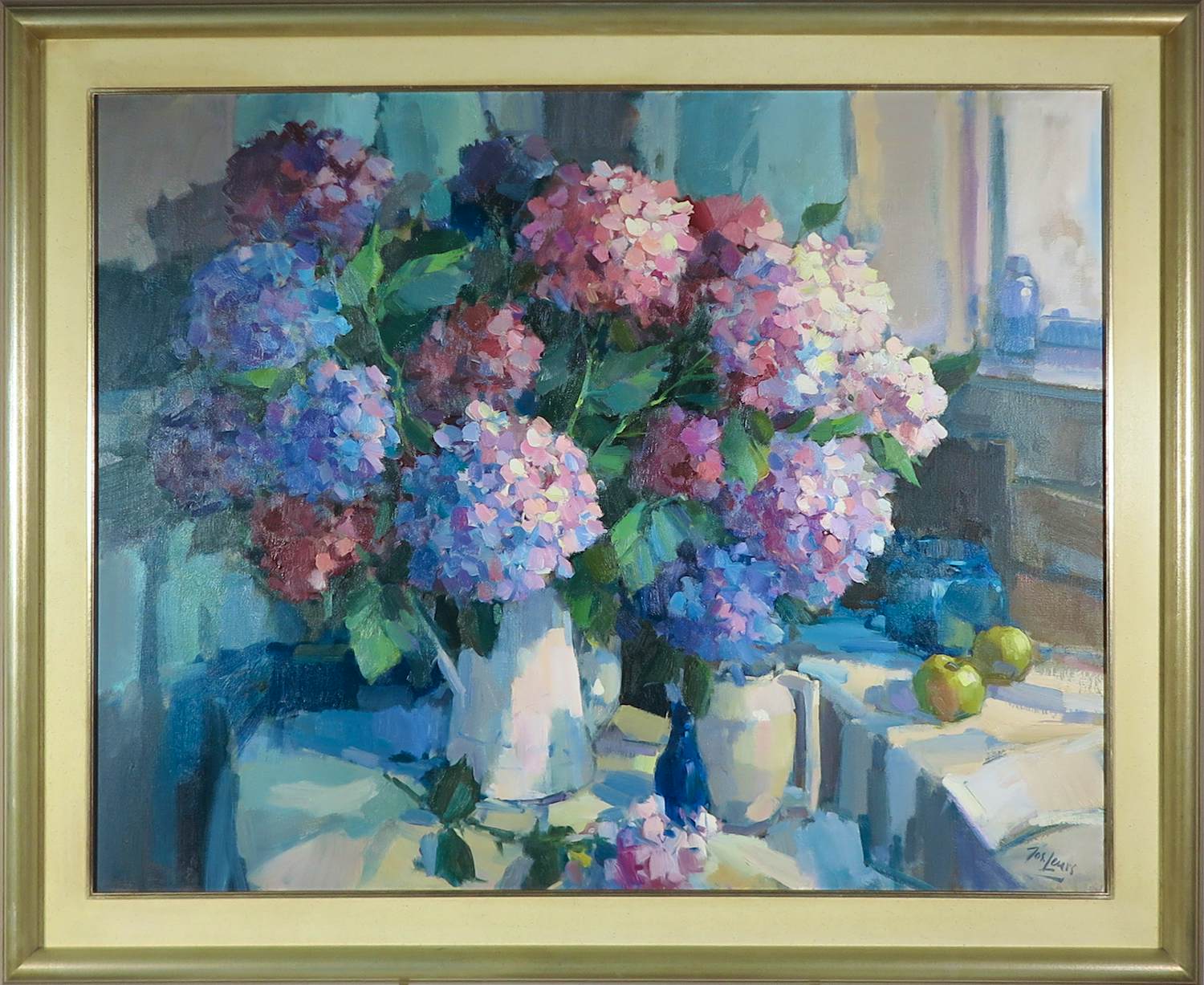 Jos Leurs - Olieverf op doek, Stilleven met hortensia's - Ingelijst (Groot!) kopen? Bied vanaf 500!