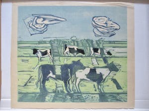 Luuk Scholten - Grote lino "Landschap met koeien" kopen? Bied vanaf 25!