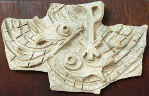 Klaas Pijlman - Chamotte / Aardewerk op paneel , Vissen & Pax Christi - ca. 1970 verkocht voor € 25!