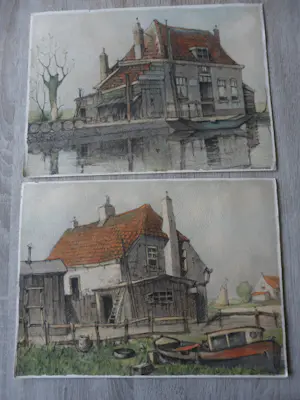 Louis Leclercq - 2 tekeningen/Aquarel. Huisje aan de Rotte kopen? Bied vanaf 40!