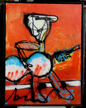 Herman Brood - Ingelijste gemengde techniek: Gitar men + certificaat HB-M (groot werk!) kopen? Bied vanaf 7500!