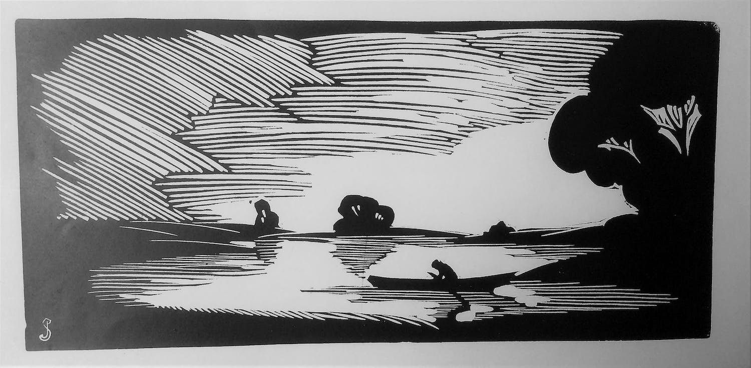 Jan Schonk - Houtsnede "De Plas" 1928 verkocht voor € 45!