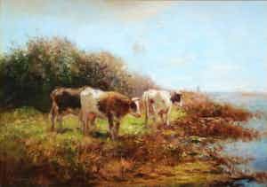 Cor Bouter - Drie koeien aan de waterkant. verkocht voor € 350!