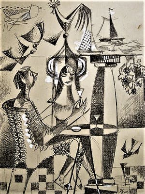 Henk van den Idsert - Bergense School - Kubistische Inkttekening - "bezint eer gij begint" gesigneerd kopen? Bied vanaf 80!