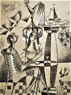 Henk van den Idsert - Bergense School - Kubistische Inkttekening - "bezint eer gij begint" gesigneerd verkocht voor € 80!