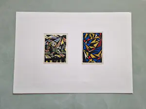 Ger Tamboer - twee in 1957 gemaakte kleuren houtsnedes "Oberammergau en geometrisch" kopen? Bied vanaf 38!