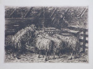 Jacoba de Graaff - Boer met schapen in de stal - Ets kopen? Bied vanaf 1!