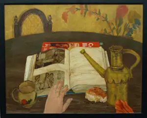 AcheterNiet of onleesbaar gesigneerd - Ingelijst, olieverf op doek, Stilleven met boek – naamsvermelding ‘SOYER’ verso? Enchérissez de 1!