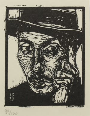 Dick Ket - Linoleumsnede, Zelfportret (met hoed en hand) - Ingelijst kopen? Bied vanaf 35!