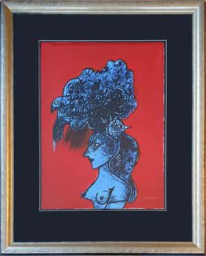 Corneille - "Femme, chat et oiseau" - Groot - Imposant ingelijst (nieuw) verkocht voor € 690!