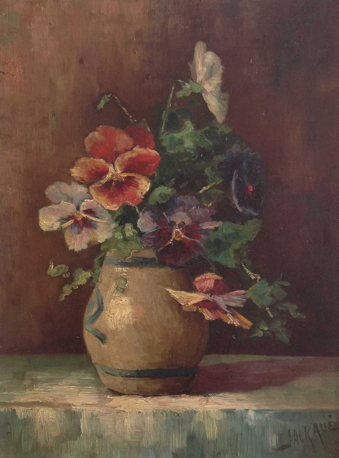 Jack Aue - Bloemstilleven met viooltje  verkocht voor € 25!