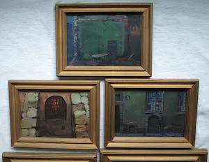 Niet of onleesbaar gesigneerd - 5 Gesigneerde ingelijste schilderijtjes / gouaches , De Ingang / Entree – 1996 kopen? Bied vanaf 1!