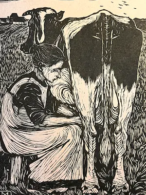 Jan Mankes - ** Prijs verlaagd** Handgesigneerde houtsnede Koemelkster 1914 op oudroze papier kopen? Bied vanaf 160!