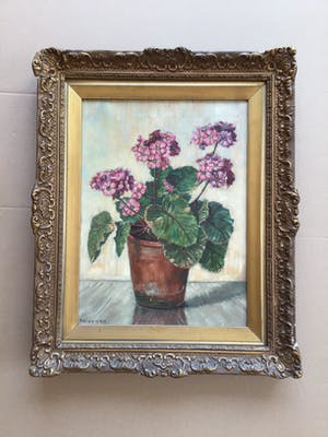 H. Wiegman - Olieverf schilderij roze plant in pot, gelijst en gesigneerd kopen? Bied vanaf 45!