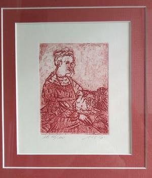 Marcel Schellekens - rode ets, 'vrouw met kalkoen', kan zo aan de muur kopen? Bied vanaf 85!