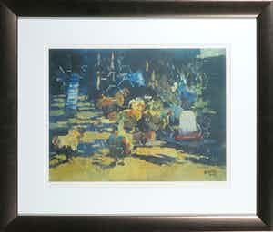 Rob Houdijk - Offset-litho, Kippenhok - Ingelijst verkocht voor € 35!