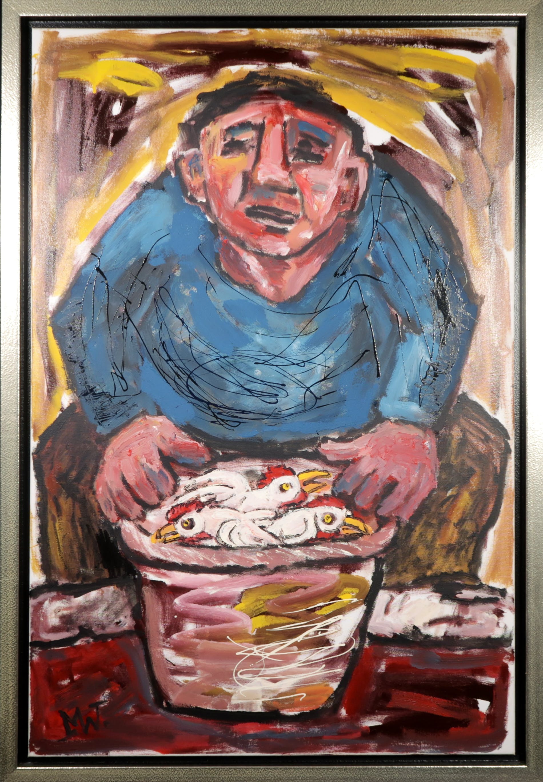 Martin van Wordragen - Gemengde techniek op doek, Marktman met haantjes - Ingelijst verkocht voor € 550!