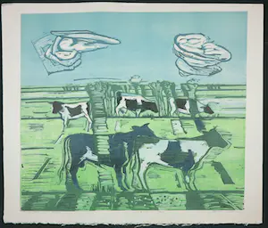 Henk Scholten - Linosnede, Landschap met koeien kopen? Bied vanaf 40!